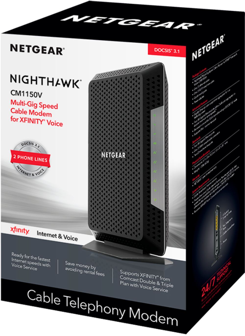 Netgear Nighthawk 32 X 8 Docsis 3 1 Voice Cable Modem Voice Support Black Cm1150v 100nas Best Buy