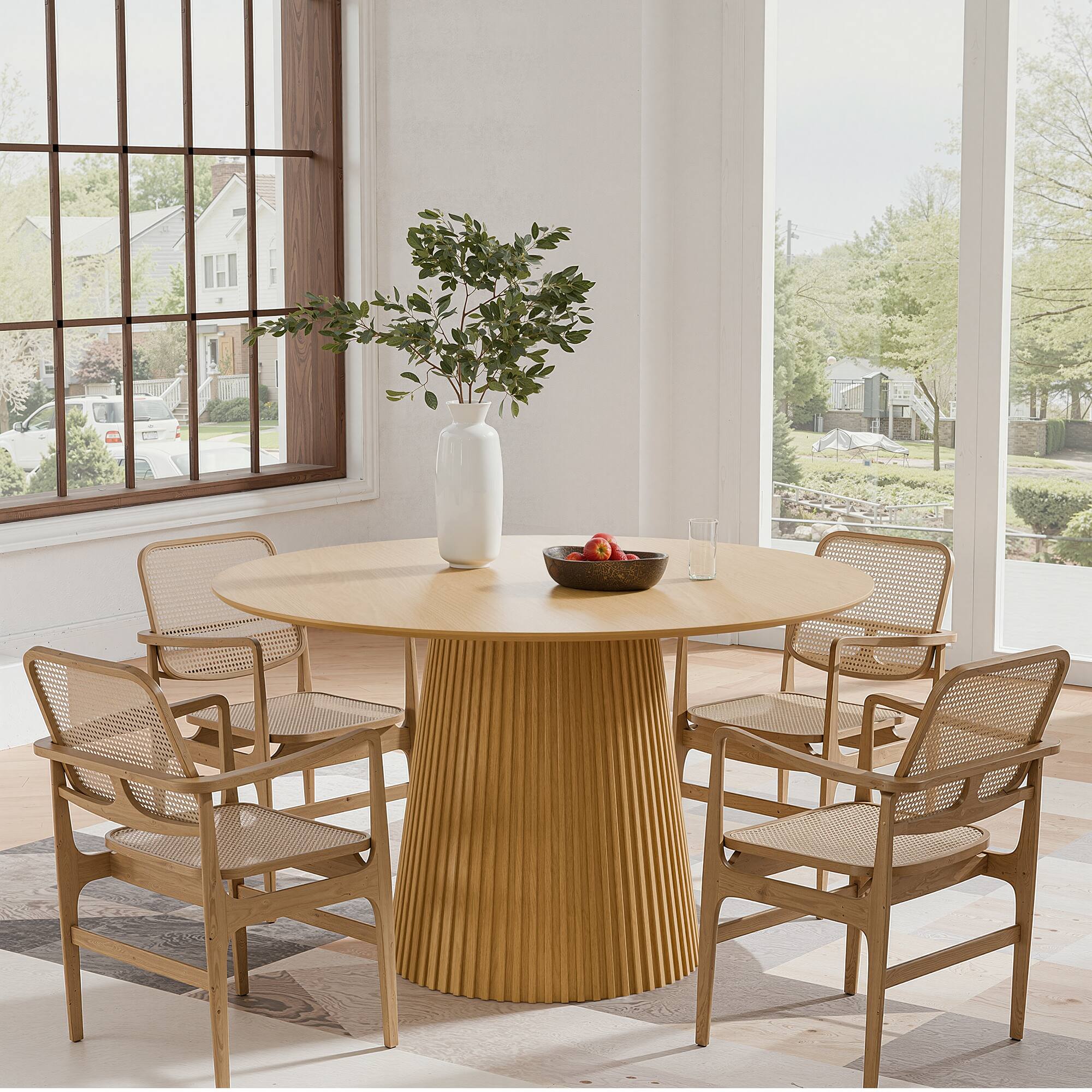 Angle. PexFix - Minimalist Farmhouse Solid Oak Dining Table, 46" Round with Tapered Pedestal Base for 4 - Natural.