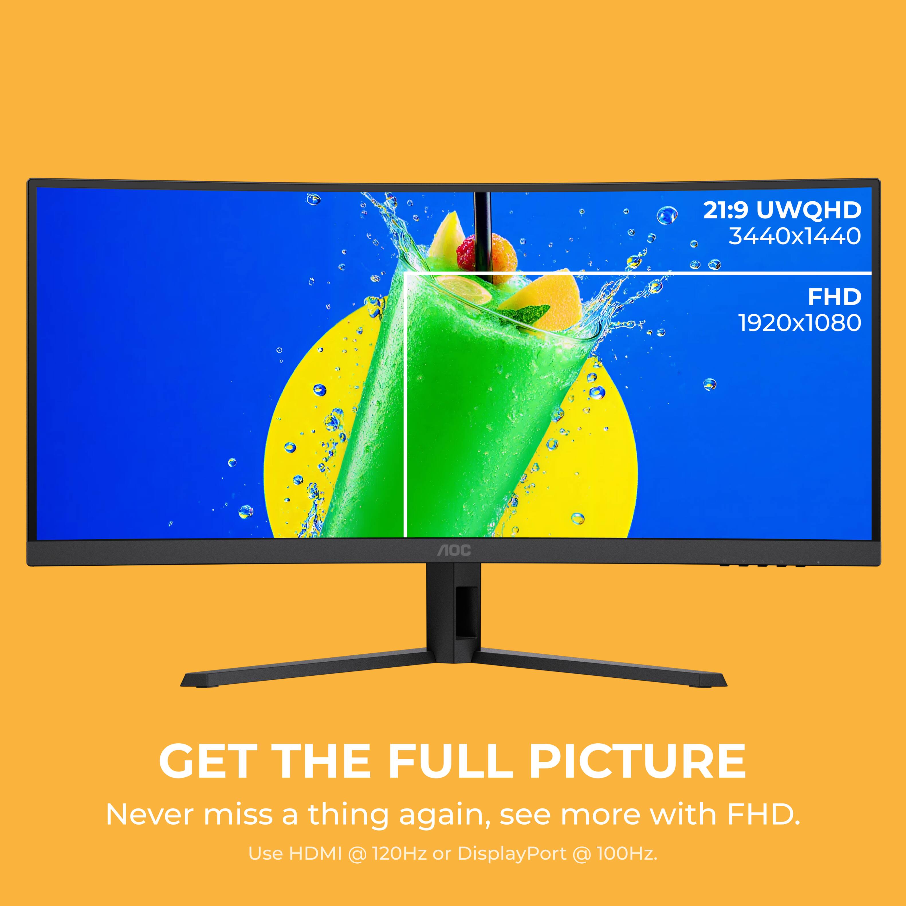 21:9 UWQHD 3440x1440 FHD 1920x1080  
GET THE FULL PICTURE  
Never miss a thing again, see more with FHD.  
Use HDMI @ 120Hz or DisplayPort @ 100Hz.