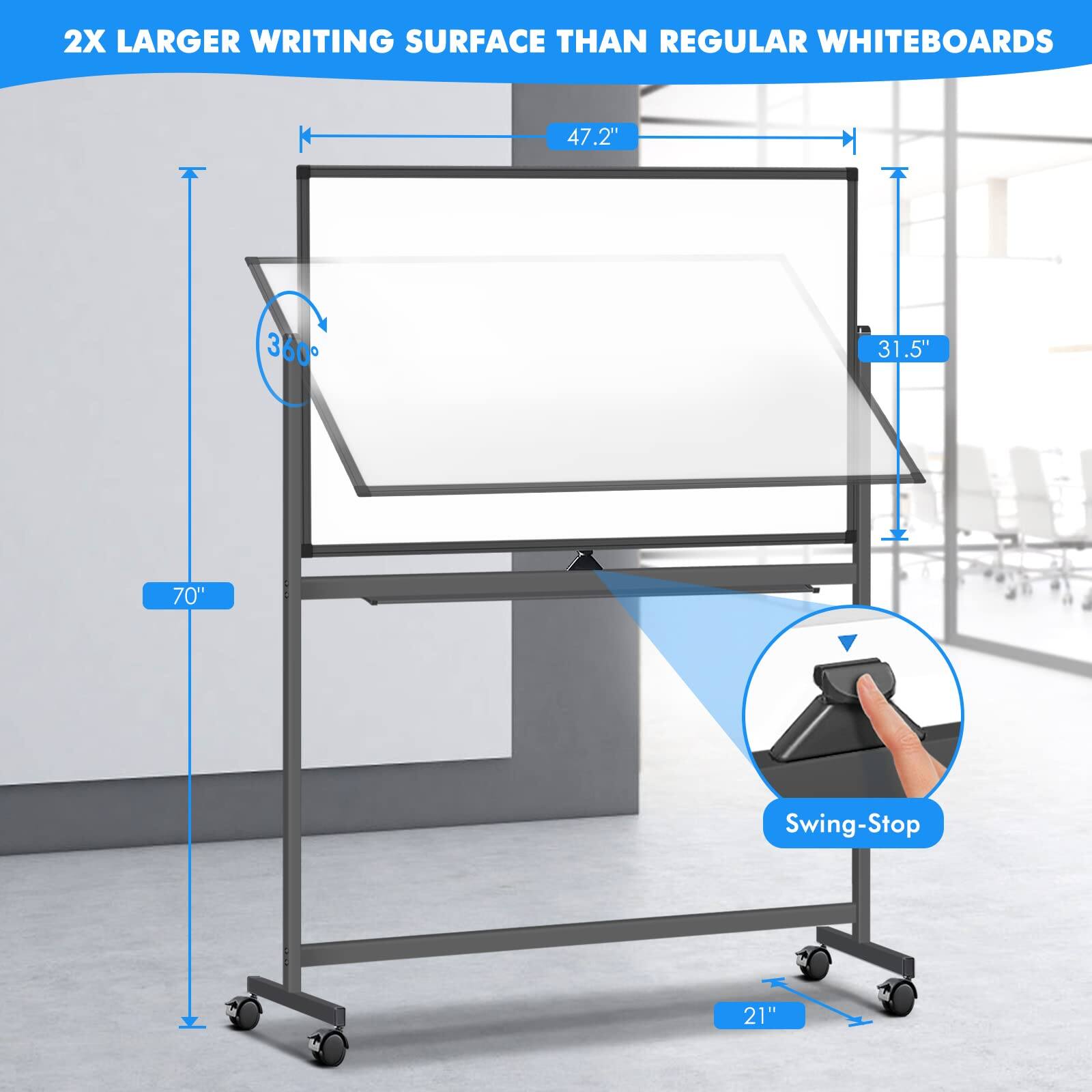 2X LARGER WRITING SURFACE THAN REGULAR WHITEBOARDS

47.2"  
360°  
31.5"  
70"  
Swing-Stop  
21"