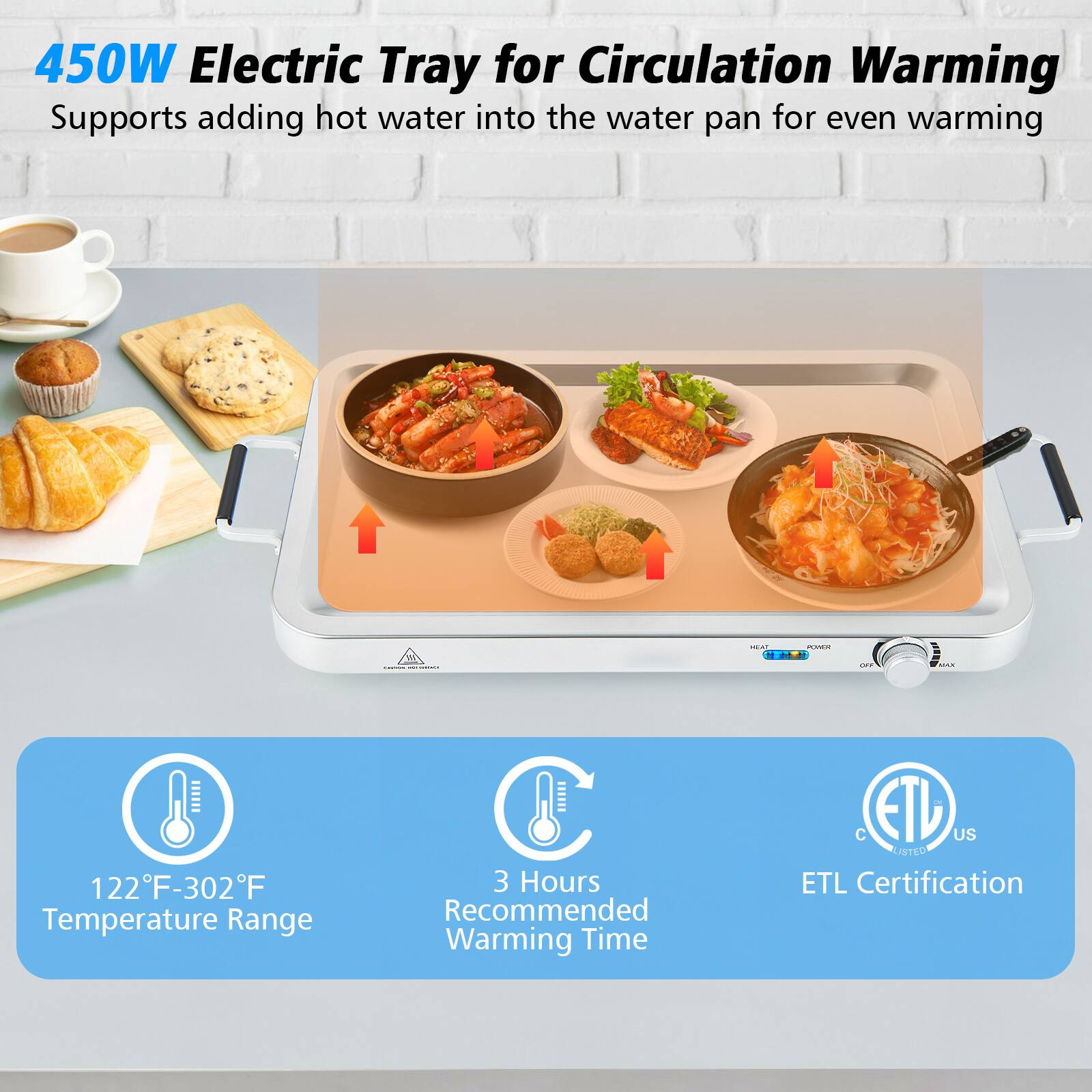 450W Electric Tray for Circulation Warming  
Supports adding hot water into the water pan for even warming  

- Temperature Range: 122°F-302°F  
- Recommended Warming Time: 3 Hours  
- ETL Certification