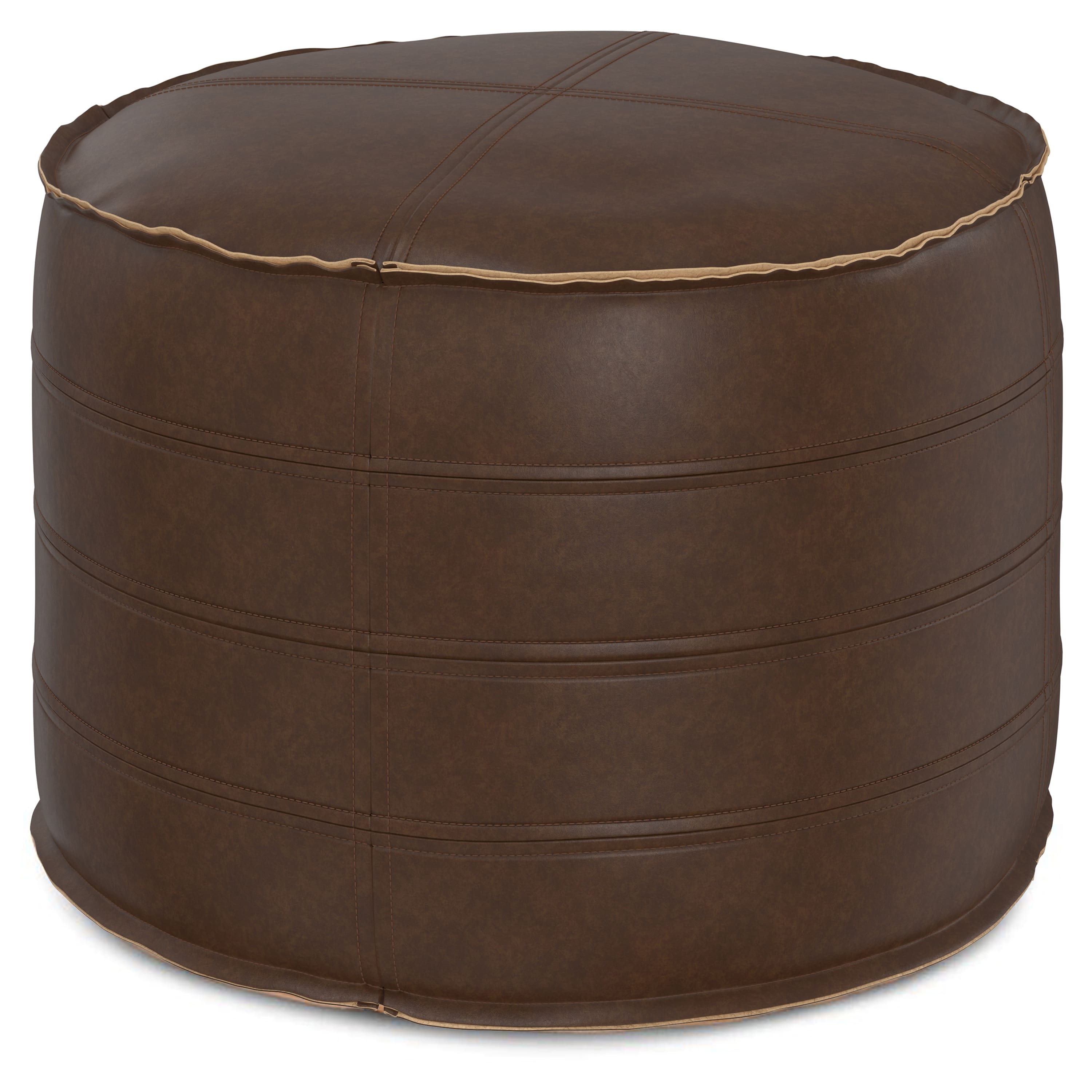 Front. Simpli Home - Brody 20 Inch Round Pouf - Distressed Dark Brown.