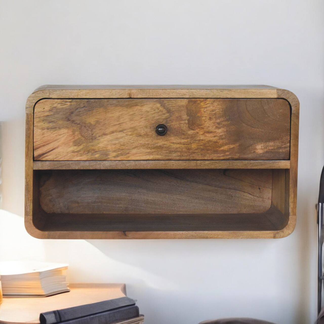 Angle. Artisan Furniture - Artisan Furniture Solid Wood Large Floating Curve Open Slot Bedside, 1 Drawer, Brown - Brown.