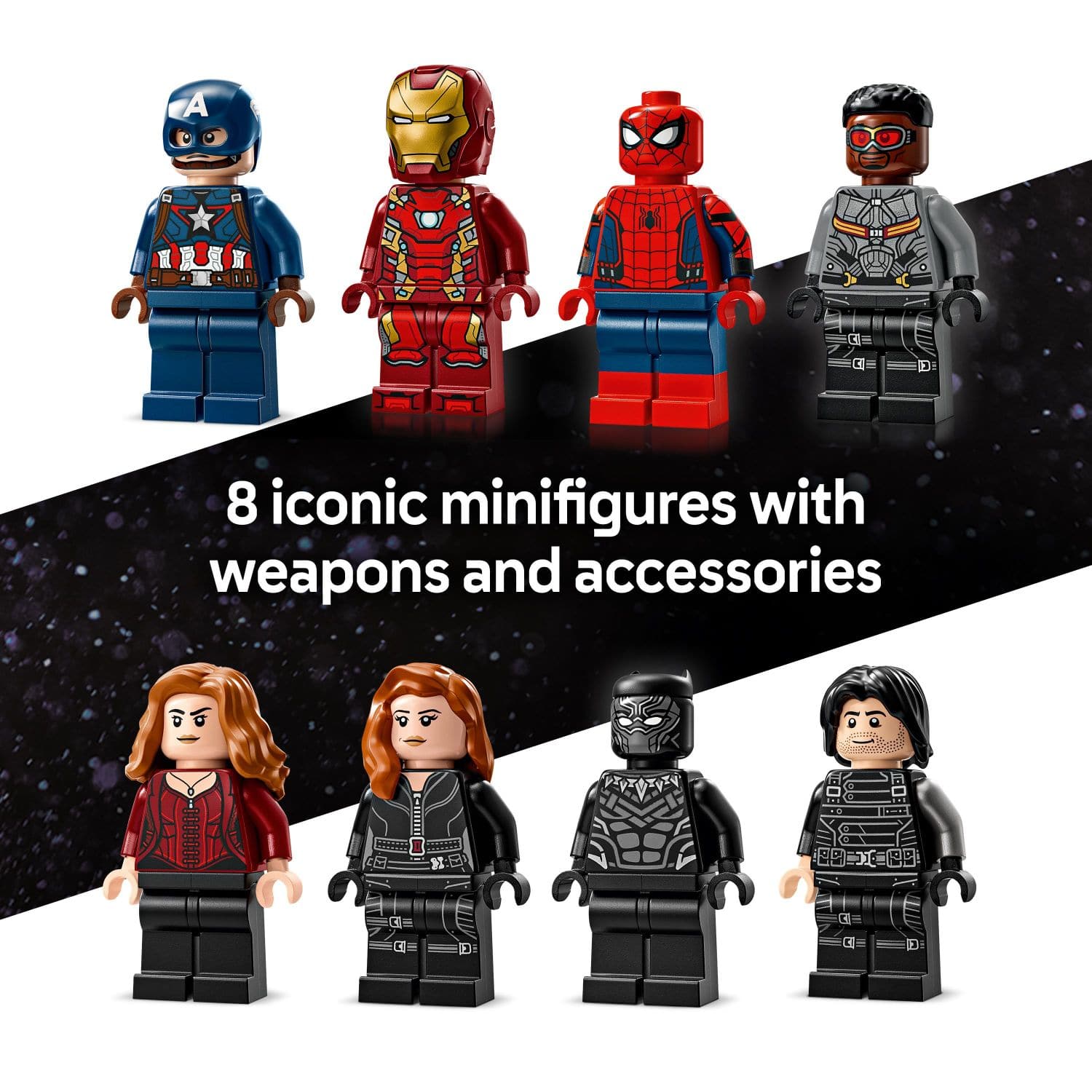 A 8 iconic minifigures with weapons and accessories.