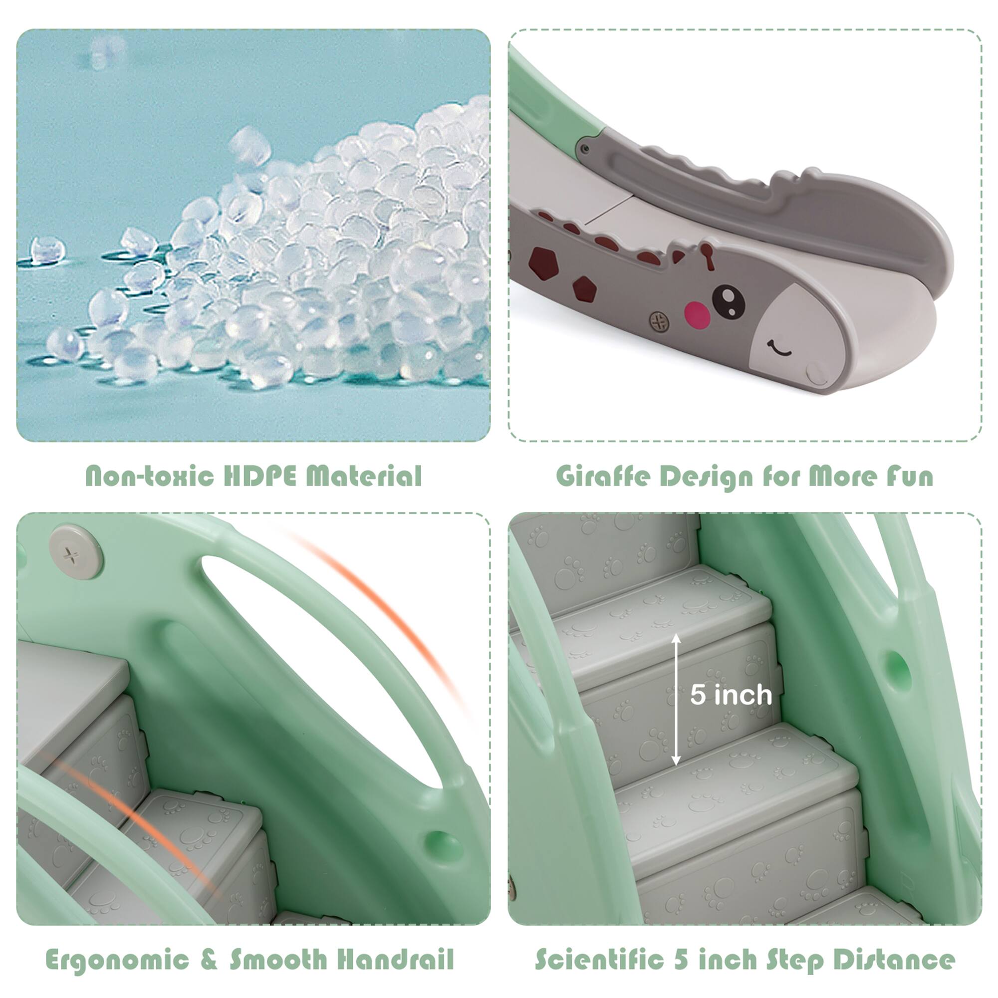 Non-toxic HDPE Material, Giraffe Design for More fun, Ergonomic & Smooth Handrail, Scientific 5 inch Step Distance