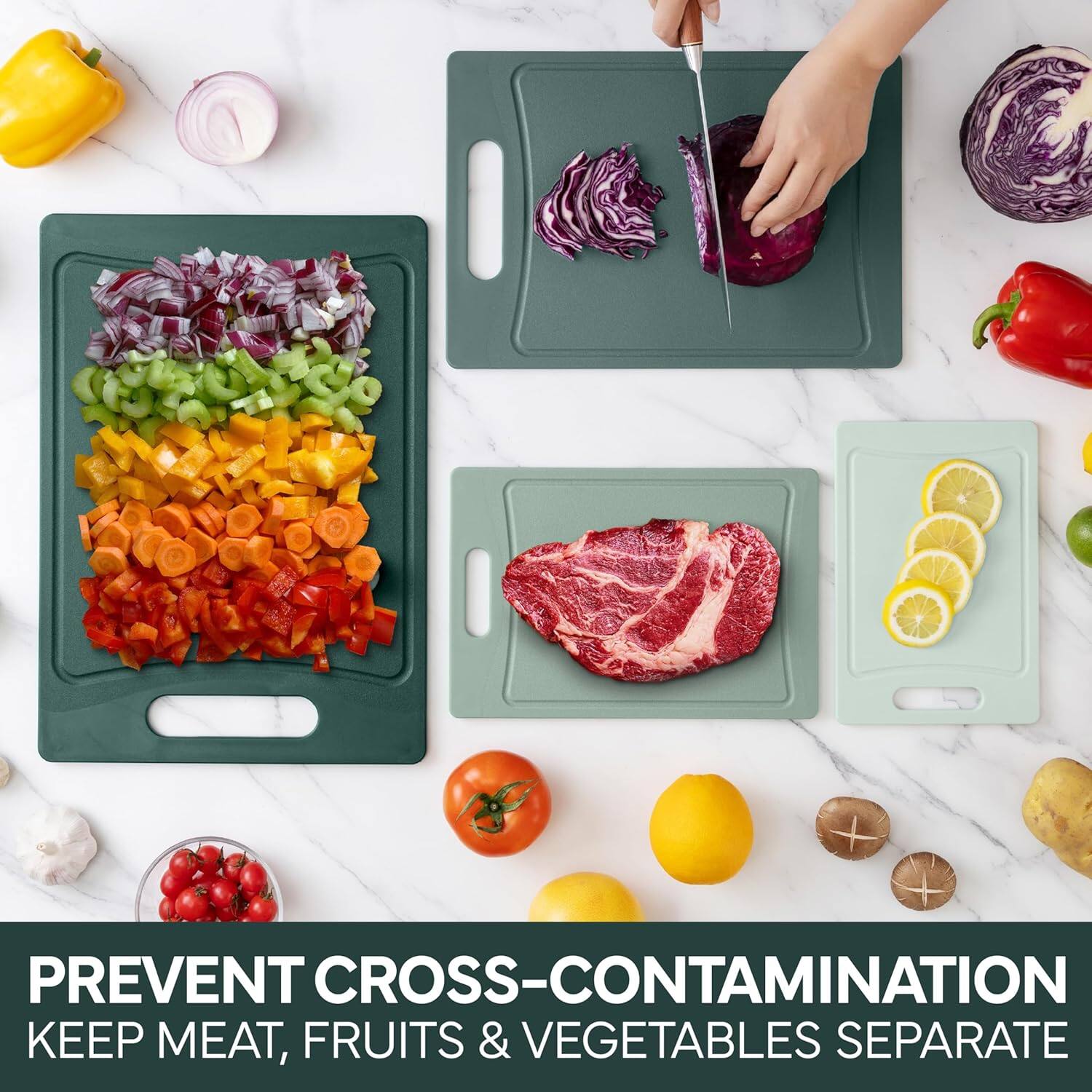 PREVENT CROSS-CONTAMINATION  
KEEP MEAT, FRUITS & VEGETABLES SEPARATE