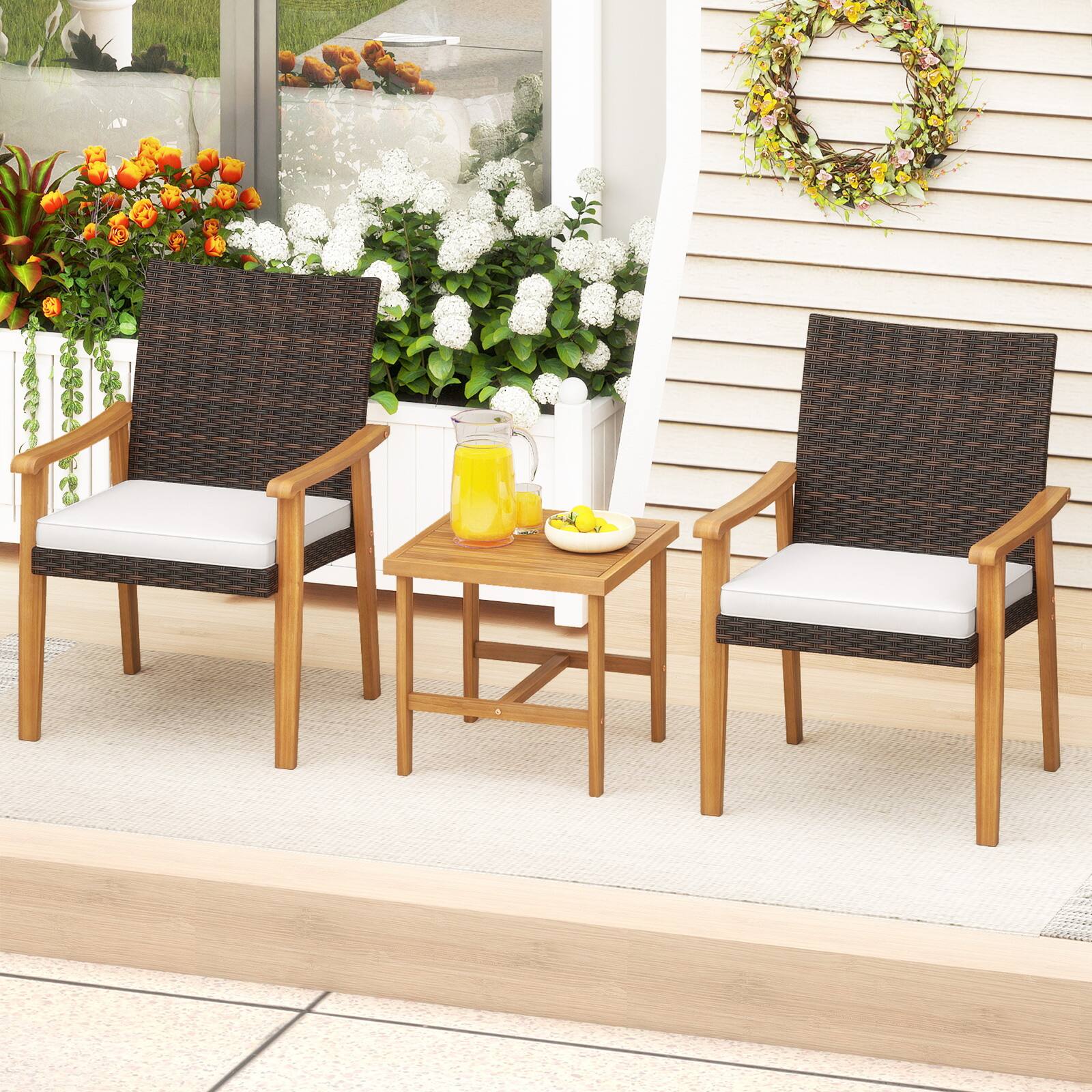 Alt View 3. Gymax - Gymax 3 PCS Patio PE Wicker Furniture Set w/Coffee Table & Cushions for Front Porch Outdoor - White.