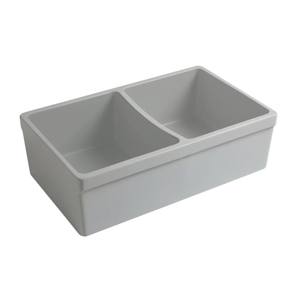 Left. Whitehaus - Farmhaus Quatro Alcove Reversible Matte Double Bowl Fireclay Kitchen Sink - Gray.