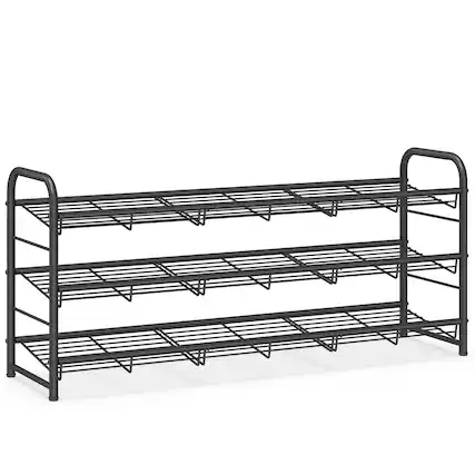 Front. Songmics Home - Stackable Shoe Rack, 3 Tier Metal Shoes Rack Storage Shelf, Holds up to 15 Pairs - Black.