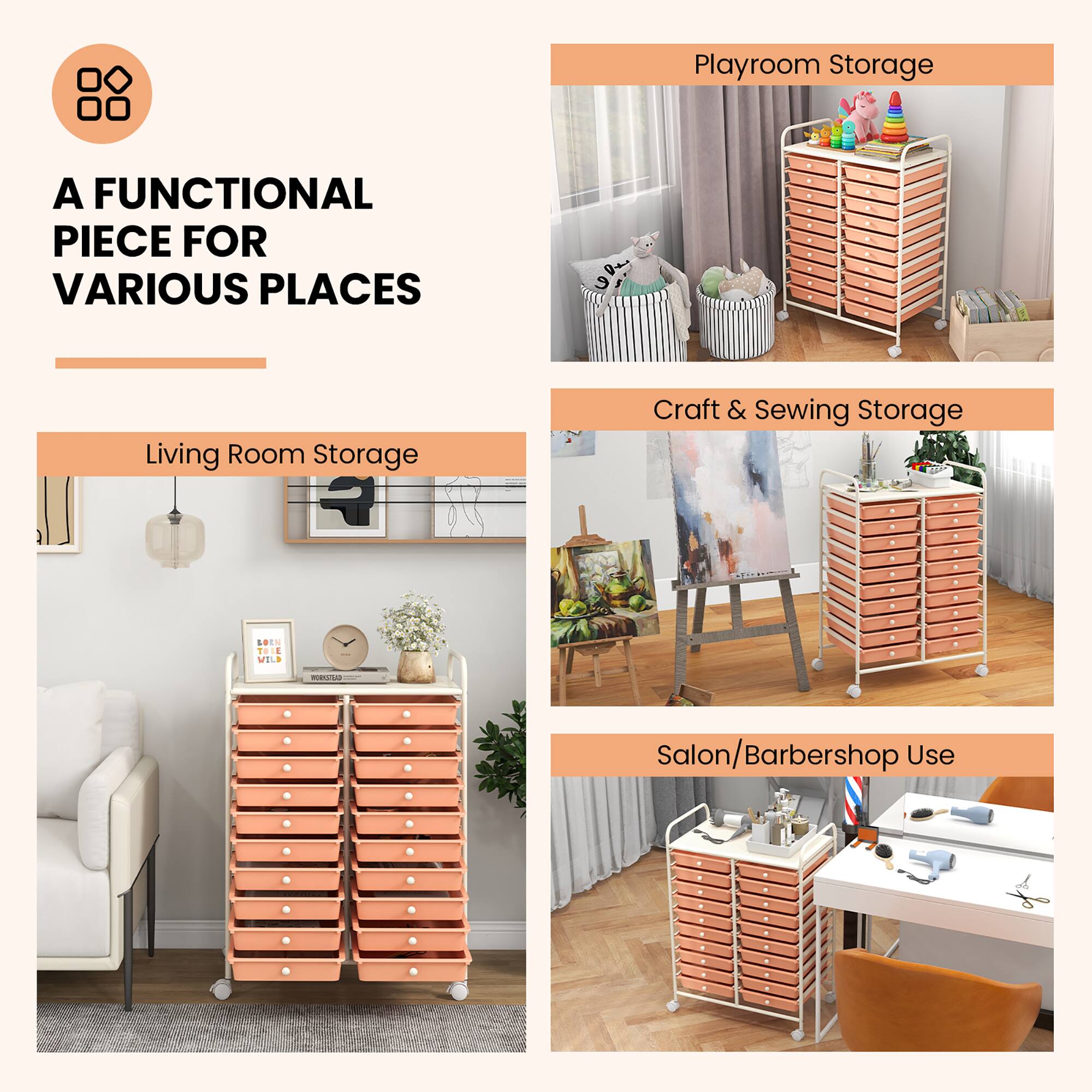 A FUNCTIONAL PIECE FOR VARIOUS PLACES

Living Room Storage

Playroom Storage

Craft & Sewing Storage

Salon/Barbershop Use