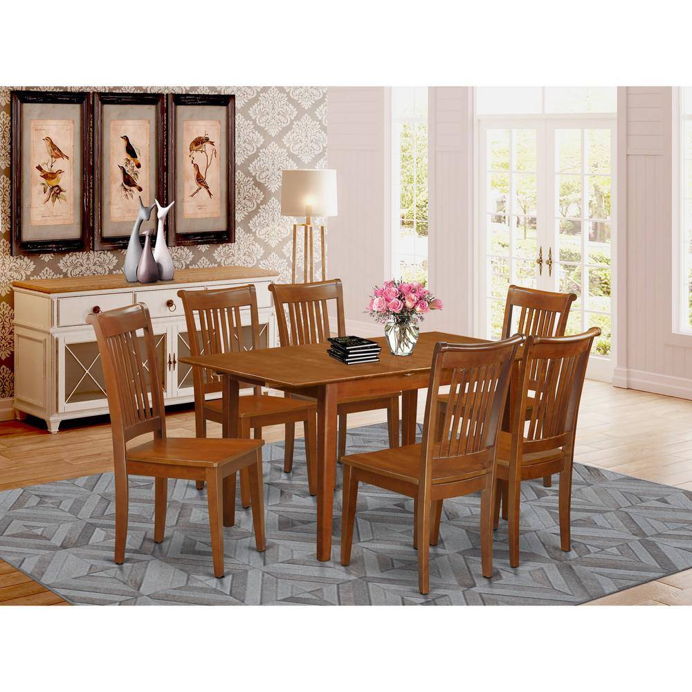 Back. East West Furniture - 7 Pc set Rectangular Kitchen Table having 12" Leaf and 6 Wood Dinette Chairs in Saddle Brown - Saddle Brown.
