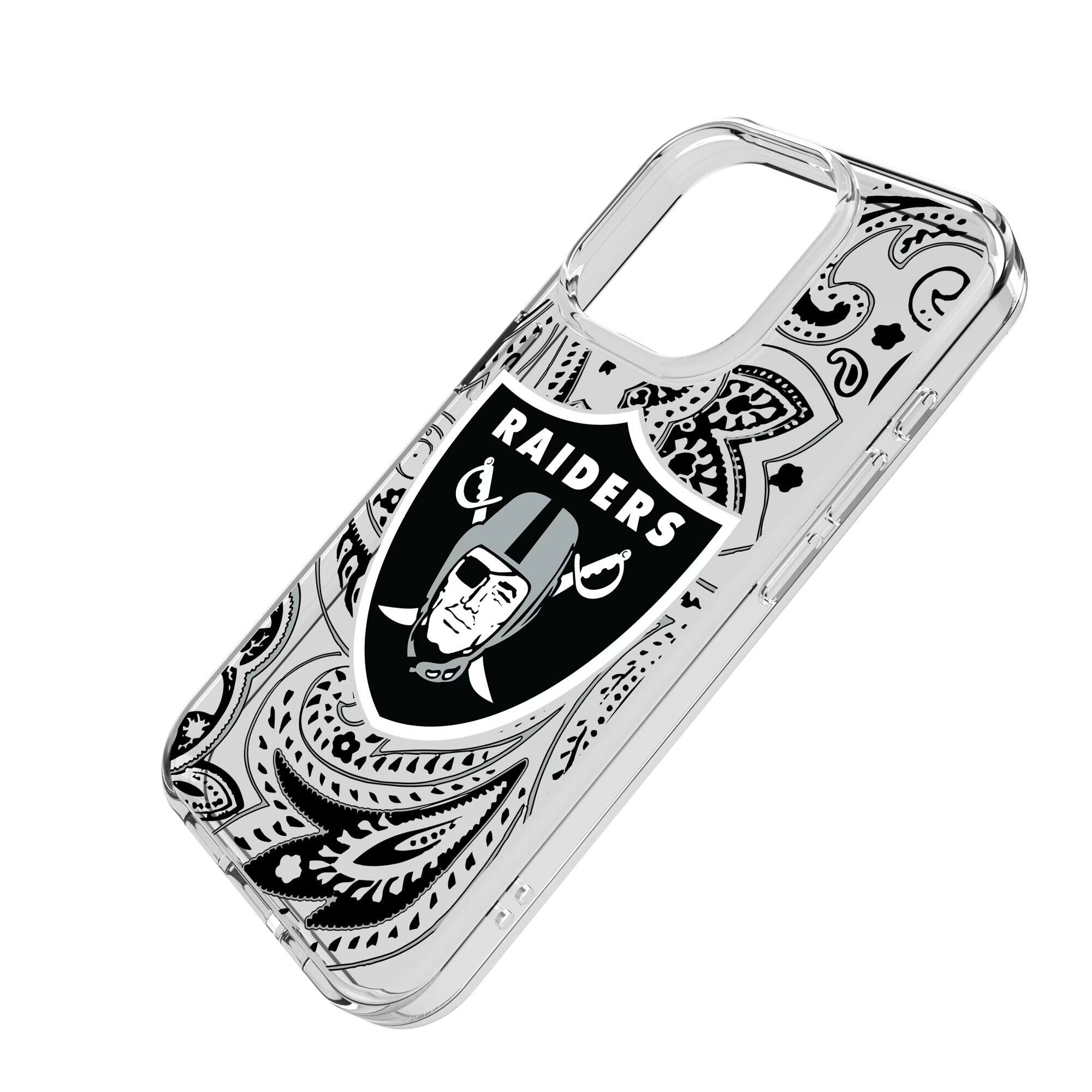 Alt View 1. Keyscaper - Las Vegas Raiders iPhone Clear Paisley Design Case - 14 Plus - Multicolor.
