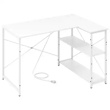 Front. SKONYON - L-Shaped Reversible Corner Desk with Storage Shelves - White.