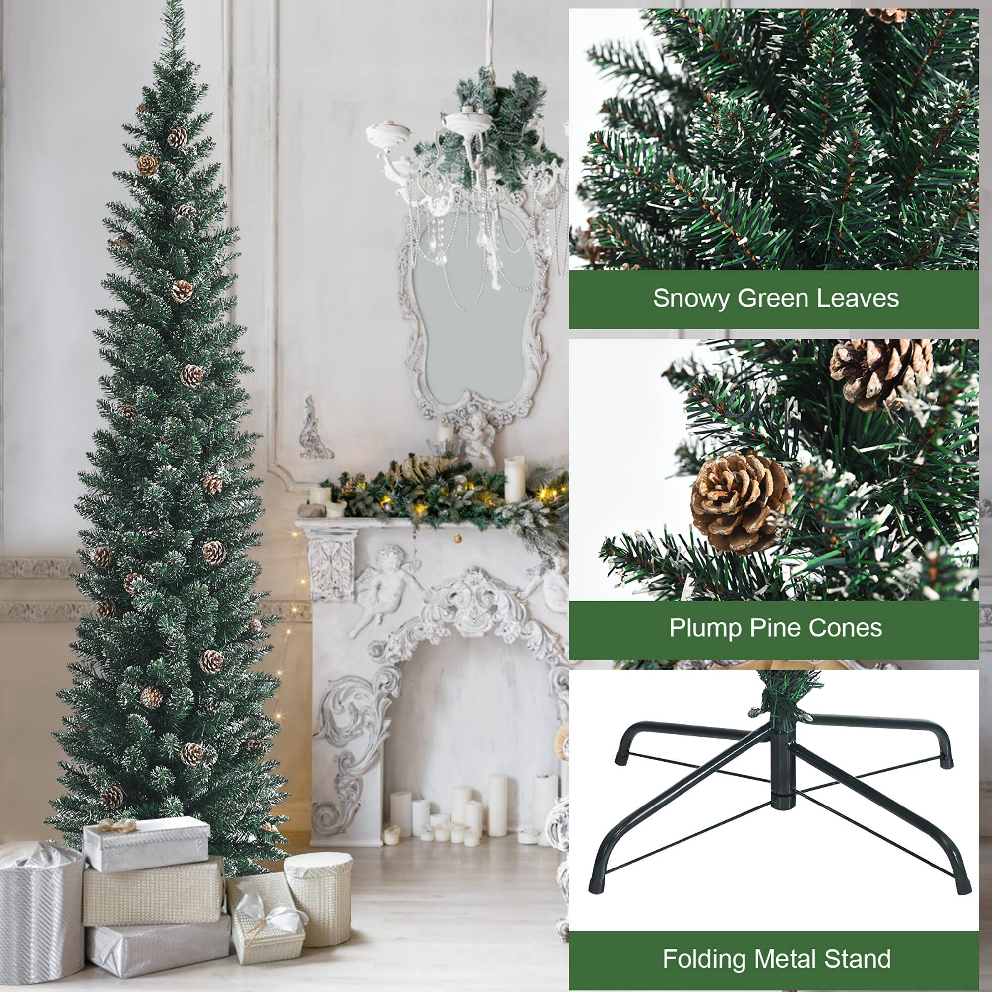 The text on the image is grouped and corrected as follows:

1. Snowy Green Leaves
2. Plump Pine Cones
3. Folding Metal Stand