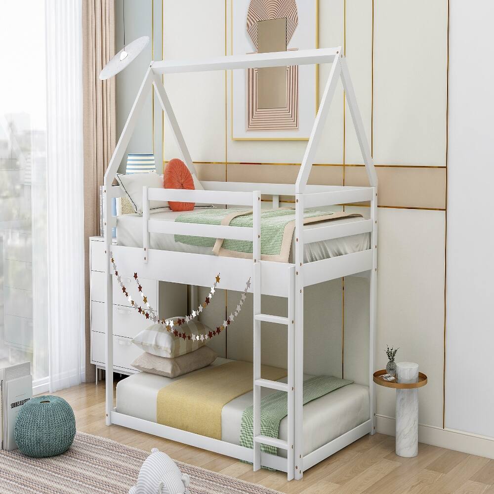 Back. Loheer - Loheer Twin Over Twin Low Bunk Bed House Bed with Ladder White - White.