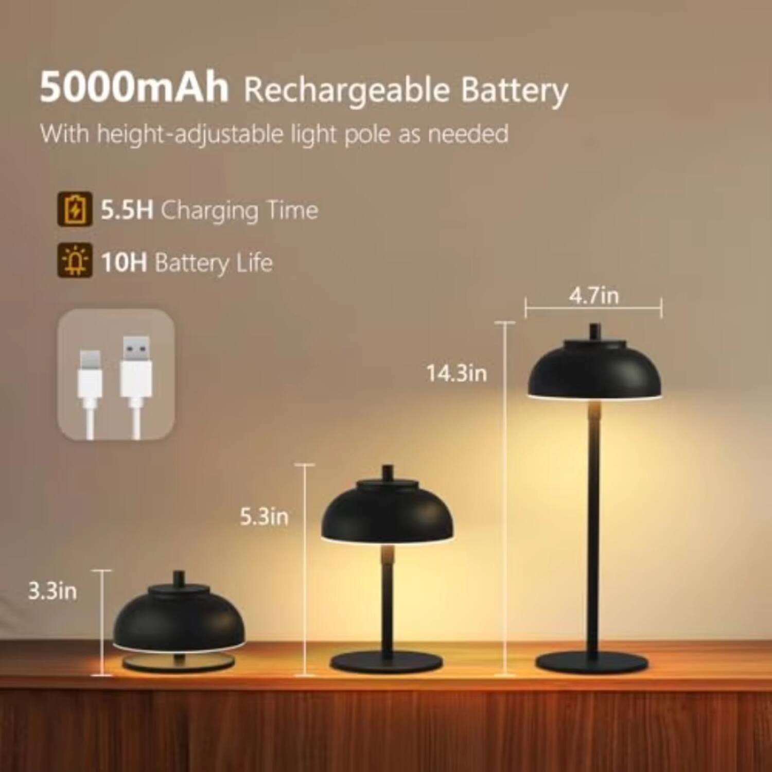 5000mAh Rechargeable Battery  
With height-adjustable light pole as needed  

5.5H Charging Time  
10H Battery Life  

Dimensions:  
- 4.7in  
- 14.3in  
- 5.3in  
- 3.3in