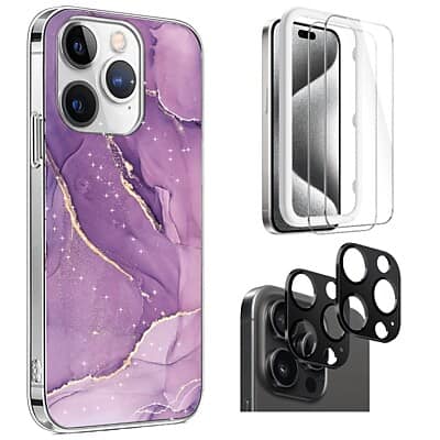 SaharaCase - Case, Tempered Glass Screen and Camera Protector for iPhone 15 Pro Max - Purple