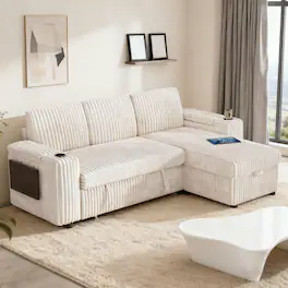 Dyonery - 85" Modular Sectional Sofa with Pull Out Bed,Corduroy Fabric 3 Seat Sectional Sofa with Storage,for Living Room - Beige