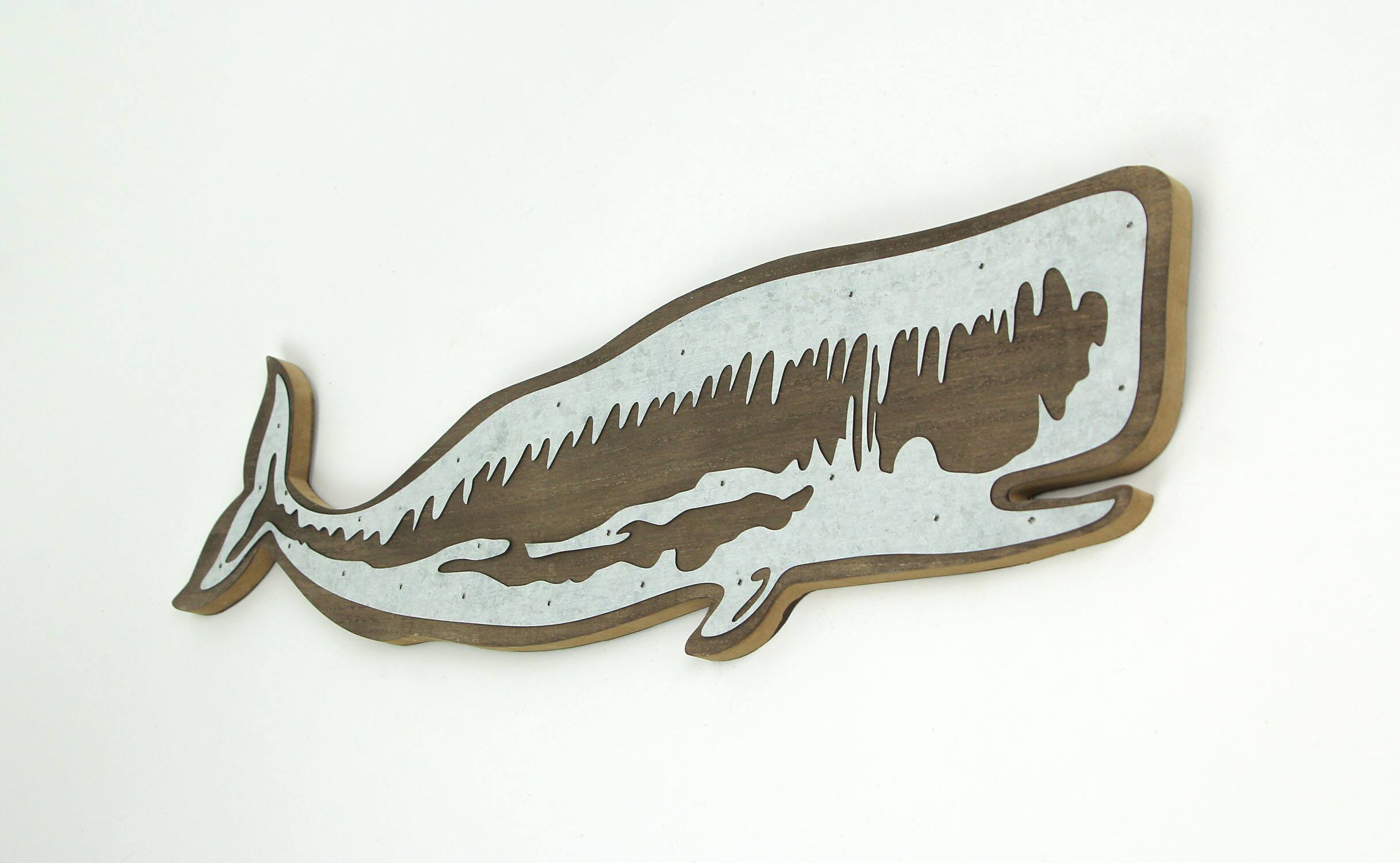 Alt View 1. Zeckos - 21 Inch Right-Facing Distressed Wooden Sperm Whale Wall Plaque W/ Metal Accents - Brown.