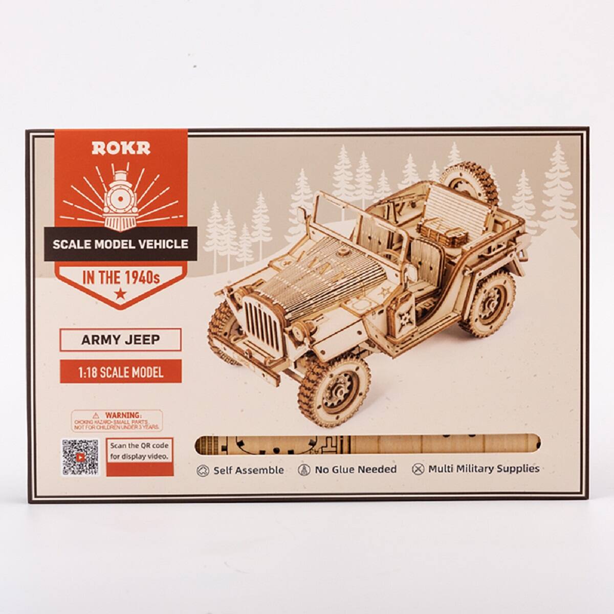 ROKR  
SCALE MODEL VEHICLE  
IN THE 1940s  

ARMY JEEP  
1:18 SCALE MODEL  

WARNING: CHOKING HAZARD - SMALL PARTS. NOT FOR CHILDREN UNDER 3 YEARS.  

Scan the QR code for display video.  

Self Assemble  
No Glue Needed  
Multi Military Supplies