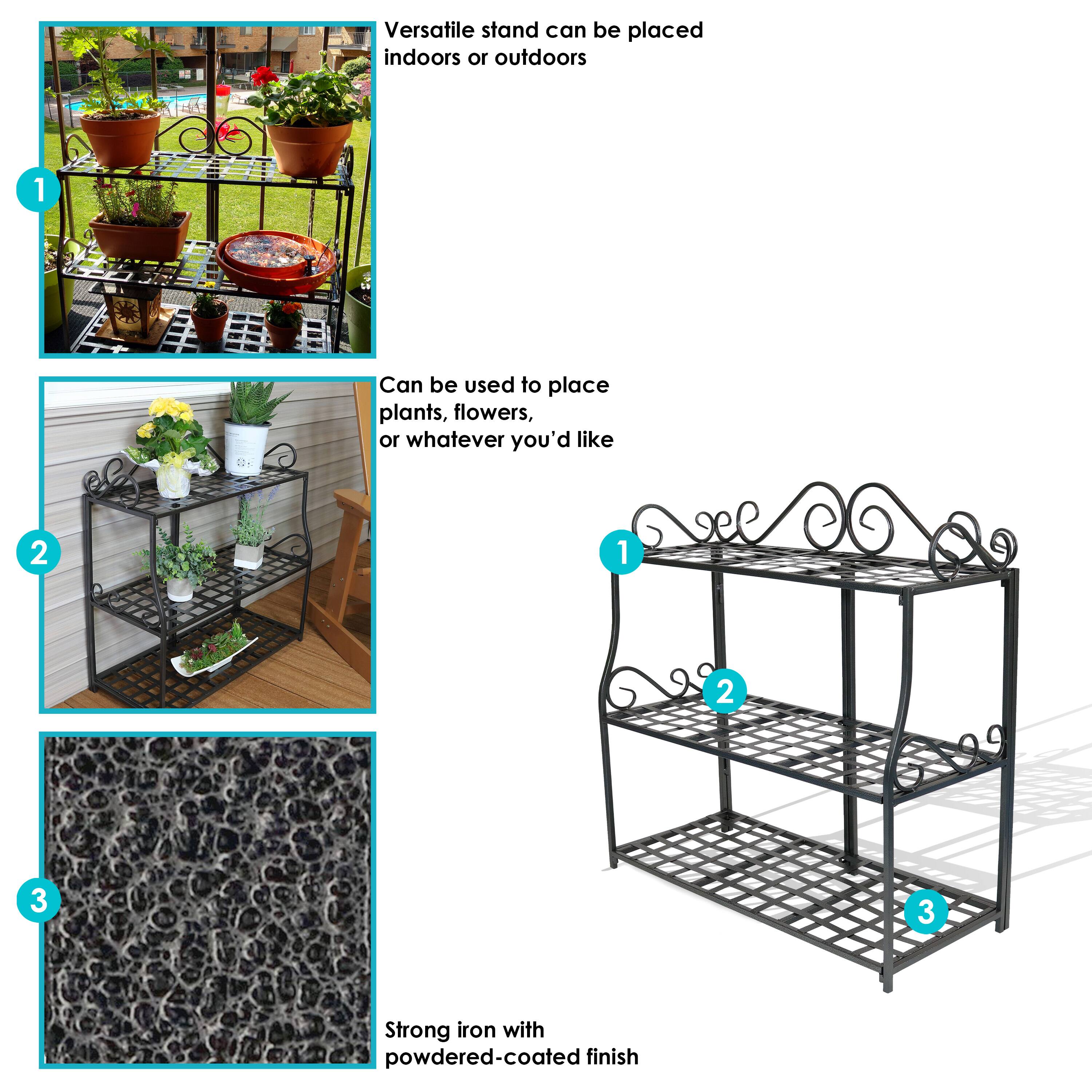 1. Versatile stand can be placed indoors or outdoors.

2. Can be used to place plants, flowers, or whatever you'd like.

3. Strong iron with powdered-coated finish.