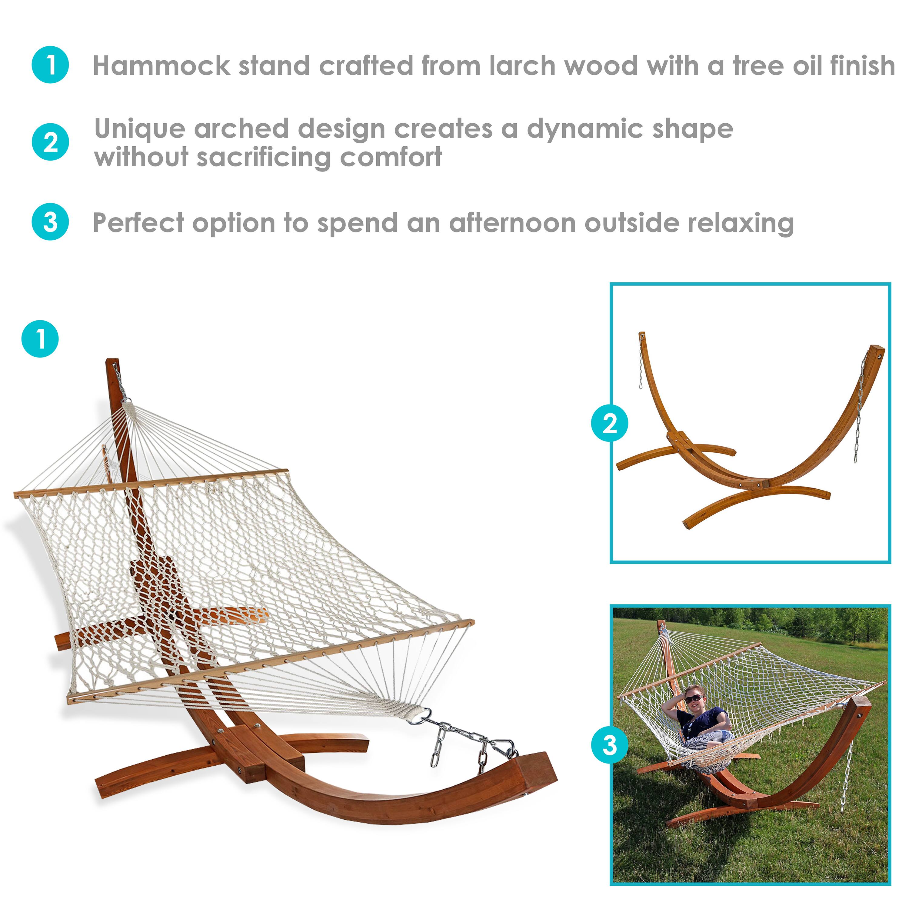 1. Hammock stand crafted from larch wood with a tree oil finish  
2. Unique arched design creates a dynamic shape without sacrificing comfort  
3. Perfect option to spend an afternoon outside relaxing