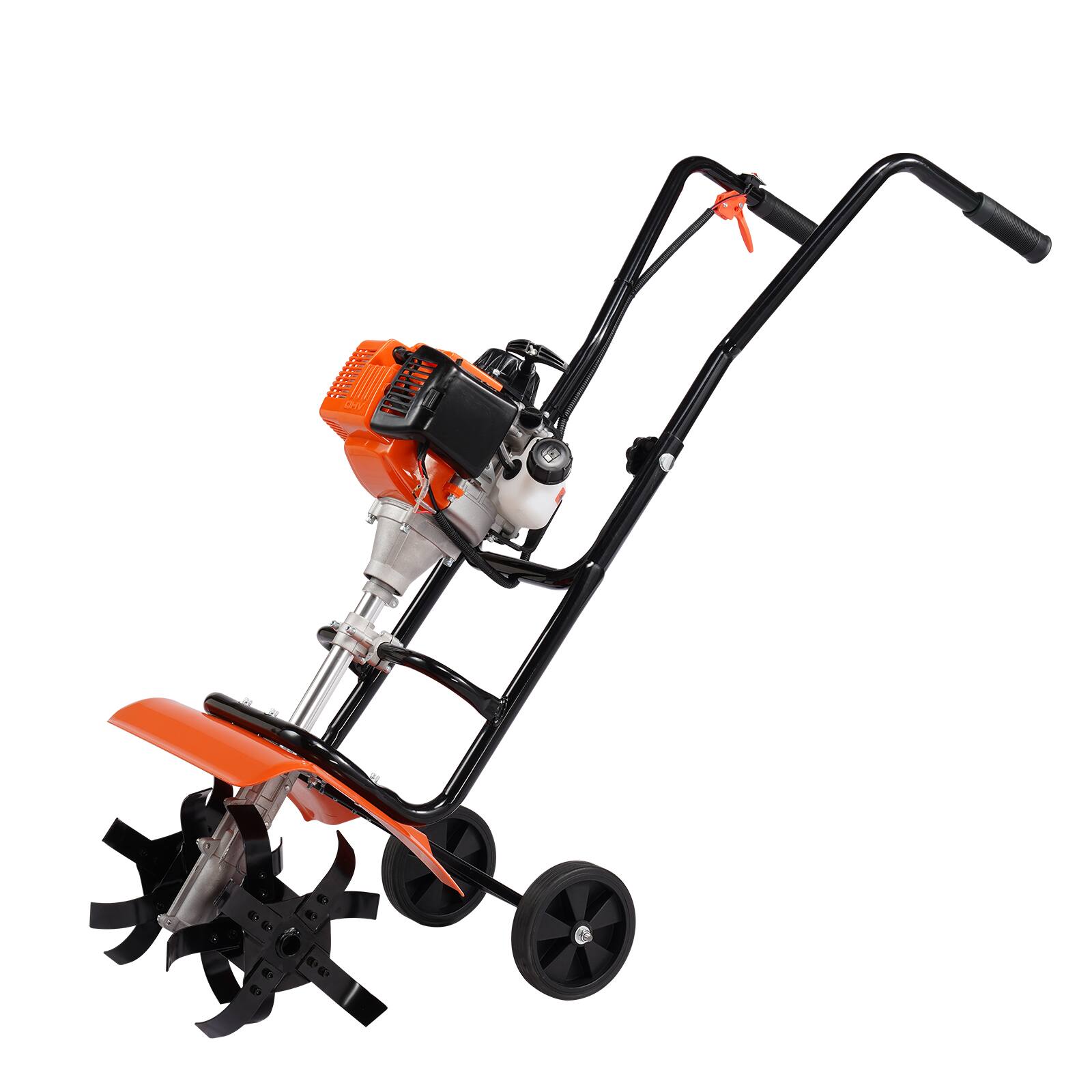 Alt View 5. VEVOR - Tiller Cultivator, 31CC 4-Stroke Garden Cultivator, Tiller with 4 Steel Adjustable Front Tines for Lawn - Orange.