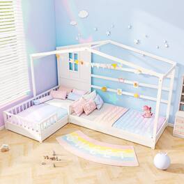 Gymax - L-shaped Double Twin Beds House Platform Beds w/ Window & Fences ray - White