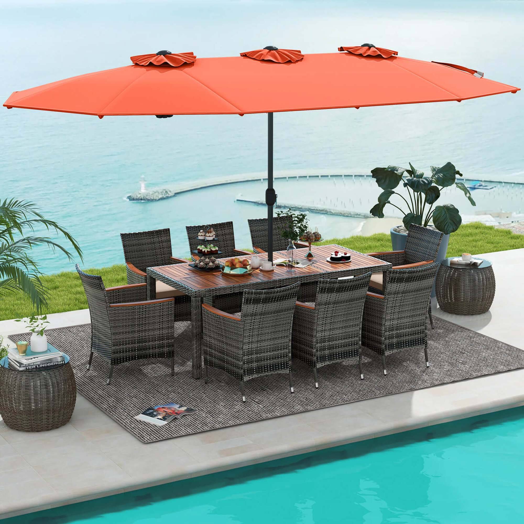 Alt View 2. Costway - 10 Pieces Patio Wicker Dining Set with Double-Sided Patio Umbrella 8 Armchairs - Orange,Mix Brown.