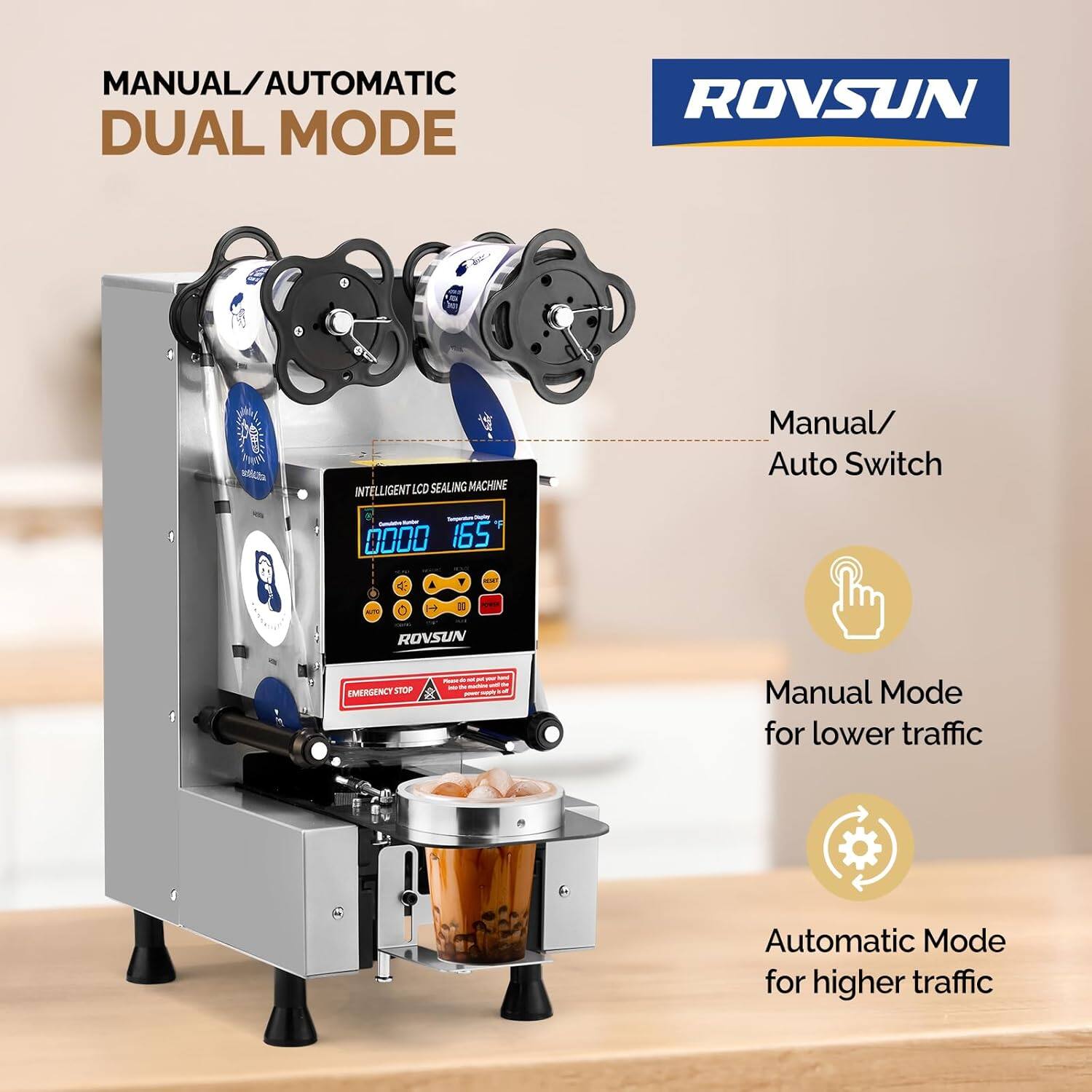 MANUAL/AUTOMATIC DUAL MODE ROVSUN INTELLIGENT LCD SEALING MACHINE

Manual/Auto Switch

ROVSUN EMERGENCY STOP

Manual Mode for lower traffic

Automatic Mode for higher traffic
