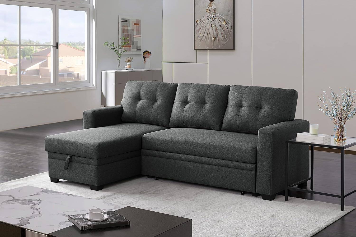 Alt View 1. Tiramisubest - Reversible Sectional Sofa,Sleeper Sofa with Storage Chaise,Pull Out Couch Bed|Removable Backrest|Linen Fabric,Dark Grey - Dark Gray.