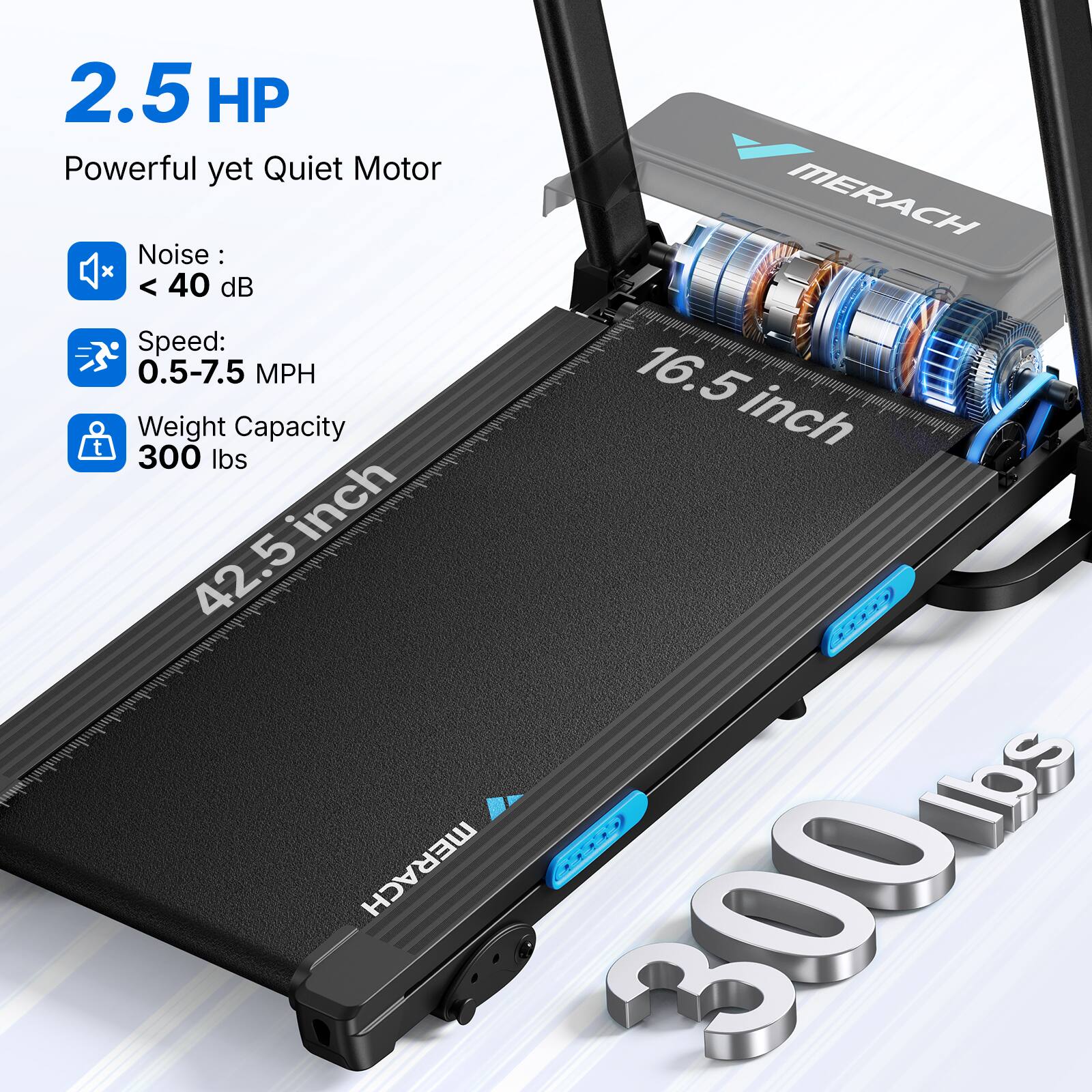 2.5 HP  
Powerful yet Quiet Motor  

Noise: < 40 dB  
Speed: 0.5-7.5 MPH  
Weight Capacity: 300 lbs  

16.5 inch  
42.5 inch  

MERACH