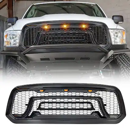 Front. AMERICAN MODIFIED - AMERICAN MODIFIED Front Armor Grille w/Amber Lights for 2013-2018 Dodge Ram 1500 - Glossy Black.