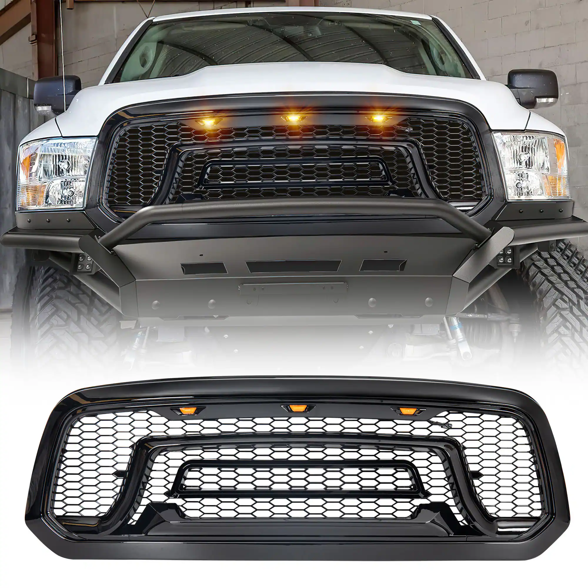 AMERICAN MODIFIED - Front Armor Grille w/Amber Lights for 2013-2018 Dodge Ram 1500 - Glossy Black