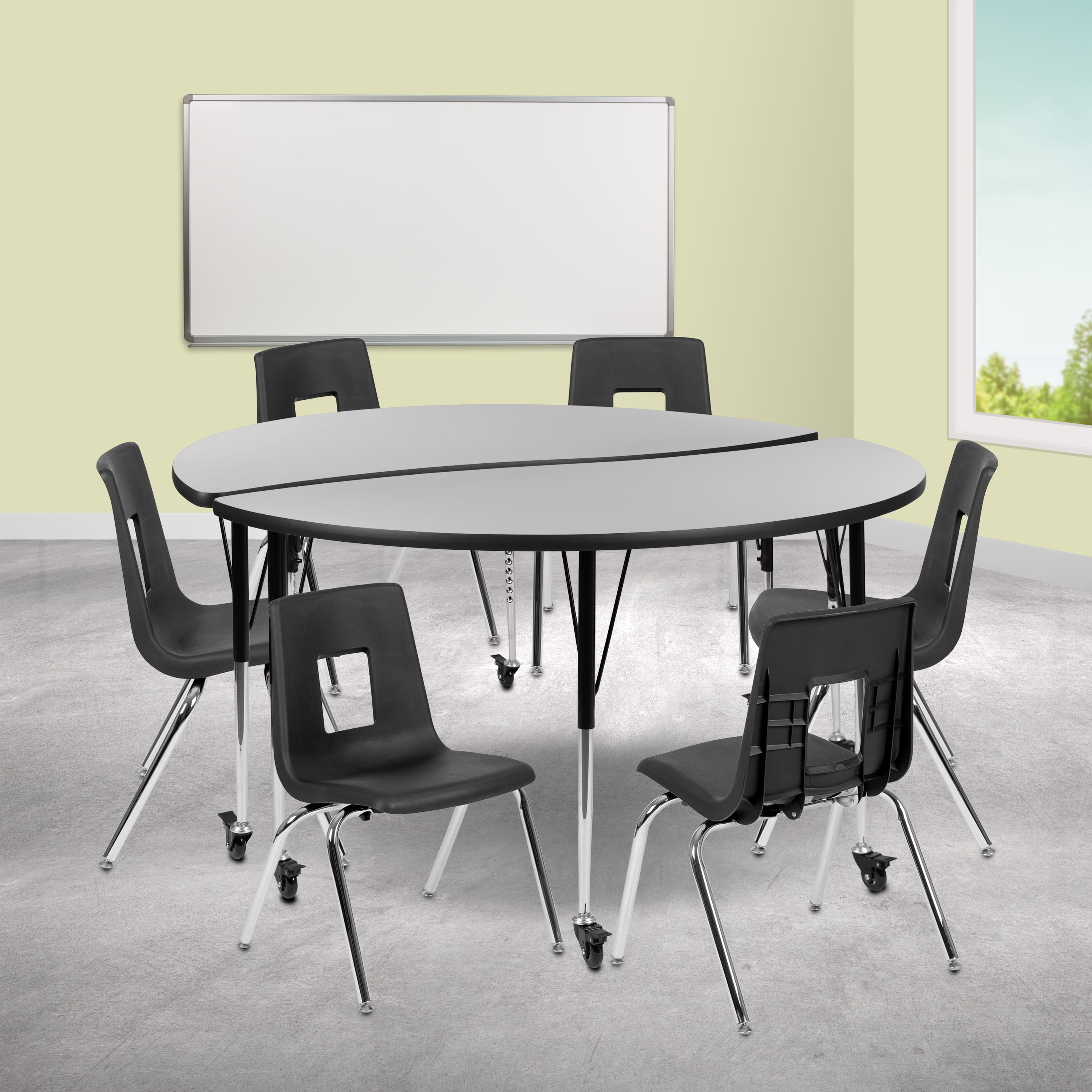"Emma + Oliver - Mobile 60"" Circle Wave Collaborative Laminate Activity Table Set with 16"" Student Stack Chairs, Grey/Black - Gray" price history on PriceWatchPro