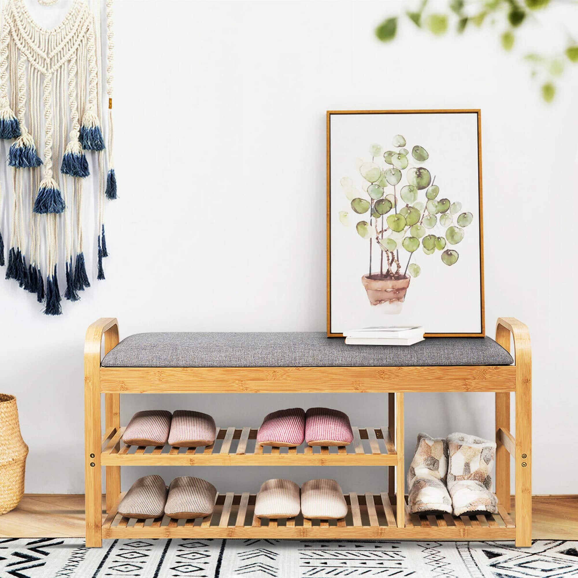 Alt View 12. Costway - Shoe Rack Entryway 3-Tier Bamboo Shoe Bench Organizer W/Cushion Modern Stool - Natural and Grey.