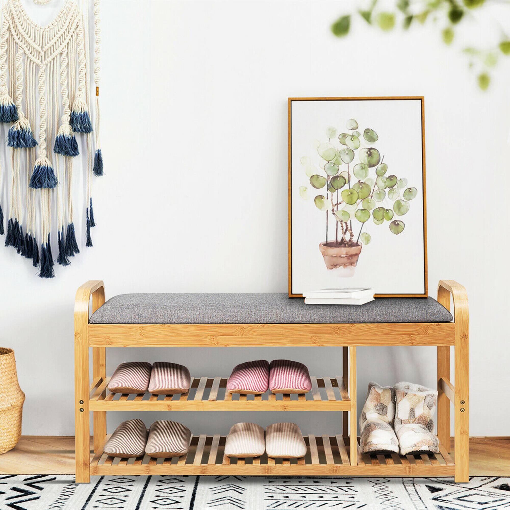 Alt View 12. Costway - Shoe Rack Entryway 3-Tier Bamboo Shoe Bench Organizer W/Cushion Modern Stool - Natural and Grey.