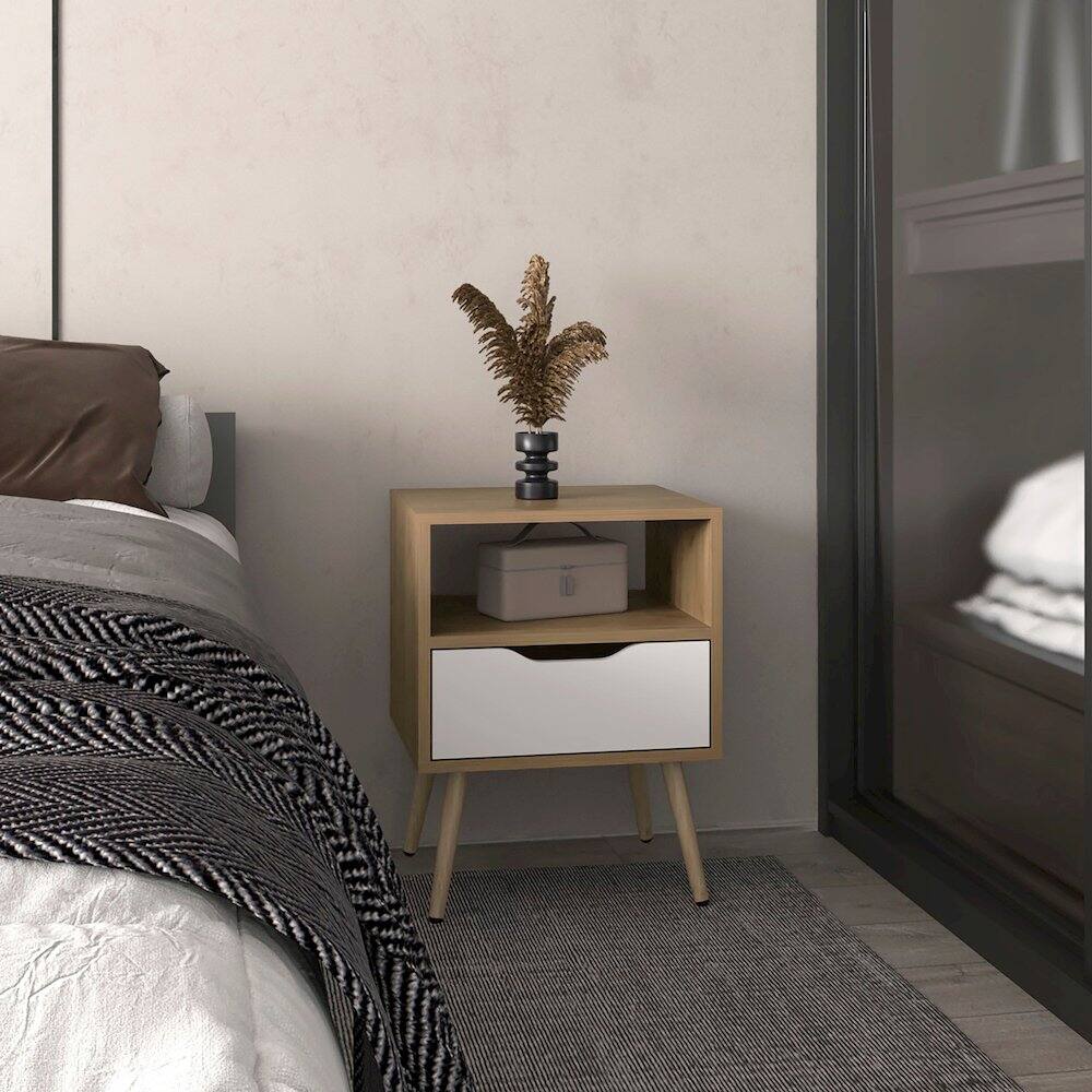 Alt View 3. TuHome - Wenden 21" High Nightstand, One Drawer, One Open Shelf, Natural Oak, White - Brown.