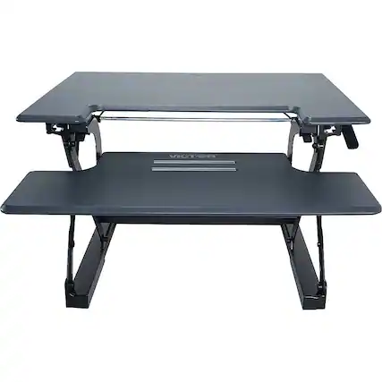 Front. Victor - High Rise Height Adjustable Standing Desk Convertor with Keyboard Tray - Charcoal Gray And Black.