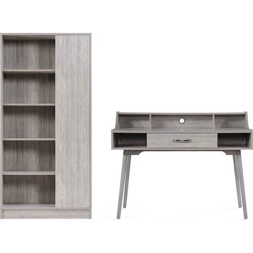 Noble House - Albany Mid Century Modern Home Office Desk with Bookcase - Gray Oak