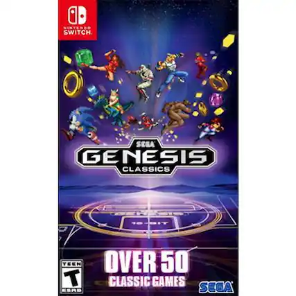The image features a video game called "SEGA Genesis Classics" for the Nintendo Switch. The game includes over 50 classic games, making it a great collection for fans of retro gaming. The cover of the game showcases various characters from the games, highlighting the diverse range of titles included in the collection. - T (Teen 13+)