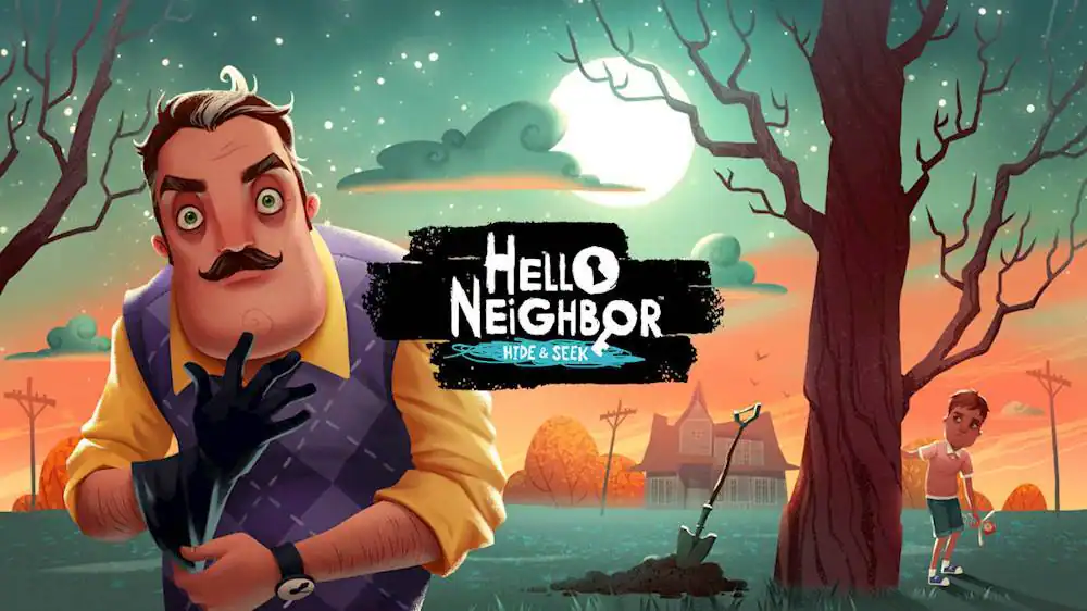 The image features a man with a mustache and a yellow vest, who is holding a black umbrella. The man is standing in front of a house, and there is a boy nearby. The image is titled "Hello Neighbor Hide & Seek," which is a game that involves players trying to hide from a character named "Neighbor." The game is set in a creepy forest, and the objective is to avoid being caught by the "Neighbor" character. - T (Teen 13+)