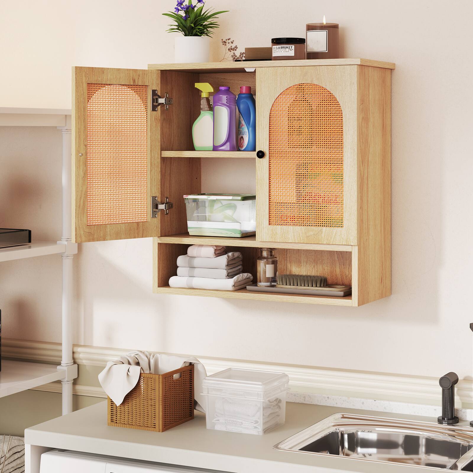 Alt View 3. Gymax - Gymax Bathroom Wall Cabinet Deep Bathroom Cabinet w/ Adjustable Shelves - Natural.