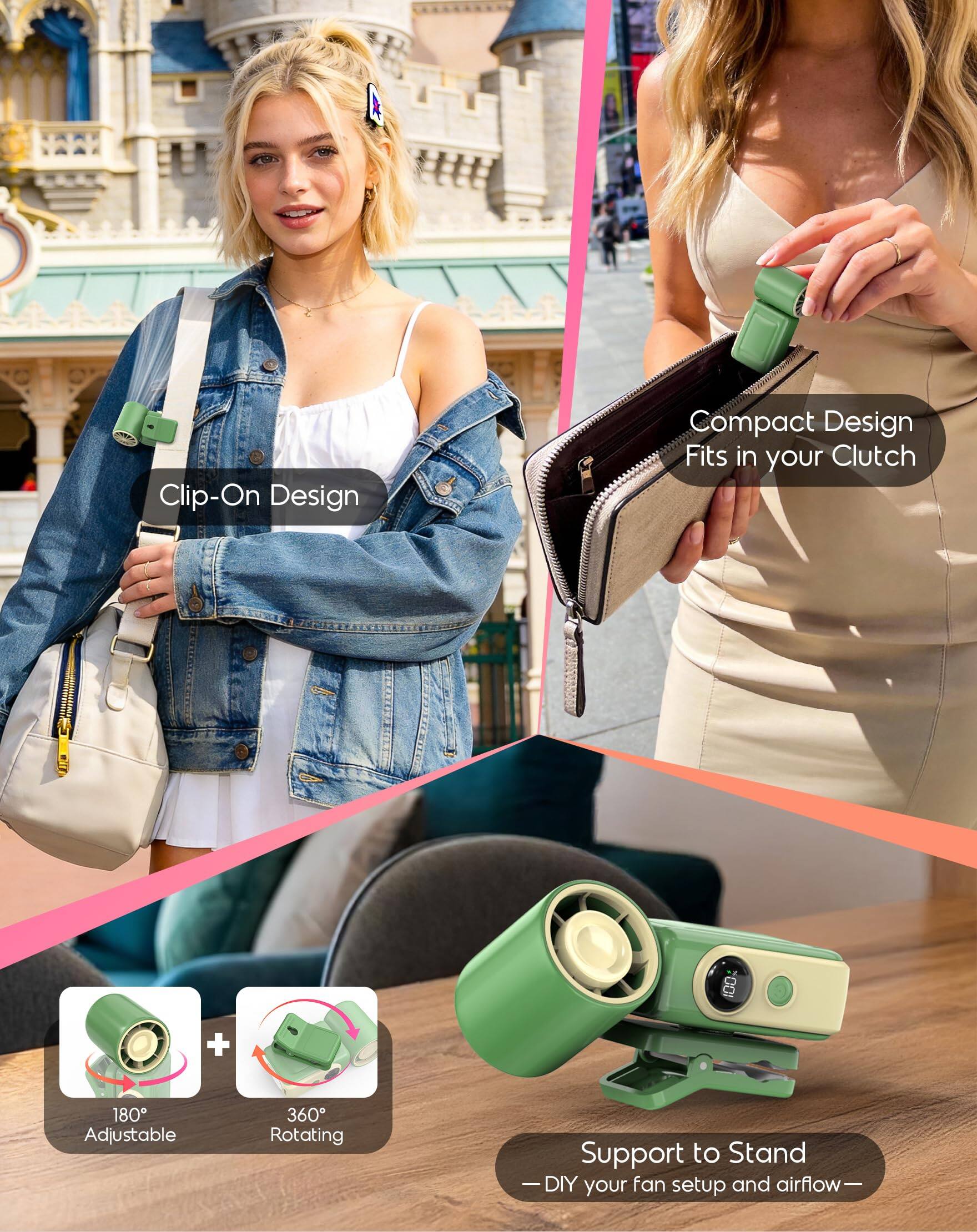 Clip-On Design  
Compact Design Fits in your Clutch  
100 + 180 Adjustable  
360 Rotating Support to Stand  
DIY your fan setup and airflow