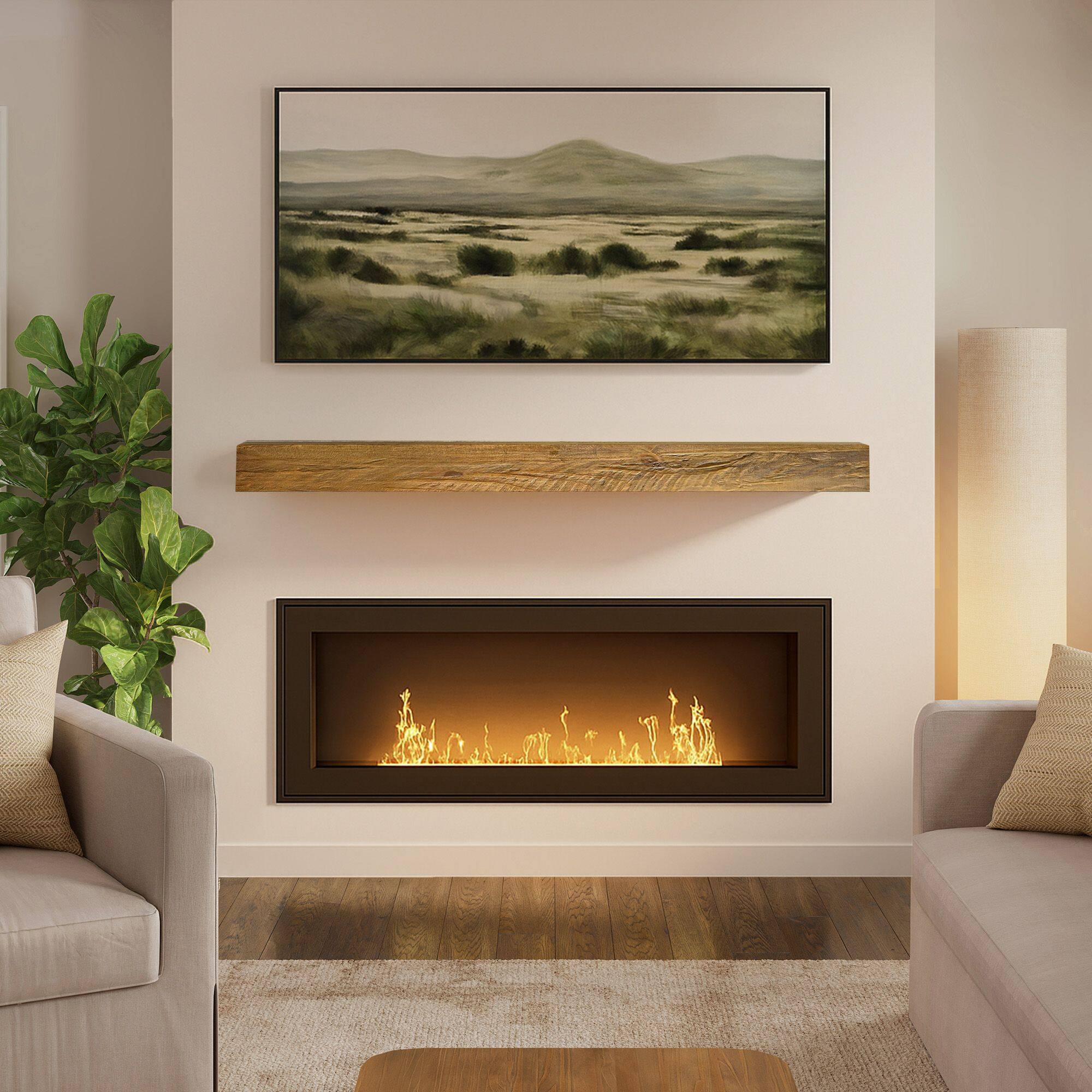 Alt View 1. Plank+Beam - Rustic Floating Shelf/Fire Beam (72in / 1829mm), Rustic Honey - Rustic Honey.