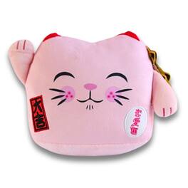 Maneki Neko - Printed Cushion Soft Velboa 8 inch / 20cm x 21cm Pink Closed Eye