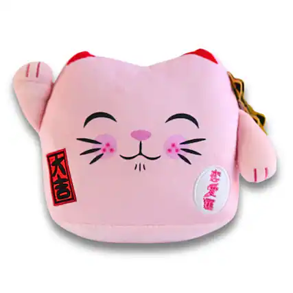 Front. Maneki Neko - Maneki Neko Printed Cushion Soft Velboa 8 inch / 20cm x 21cm Pink Closed Eye.