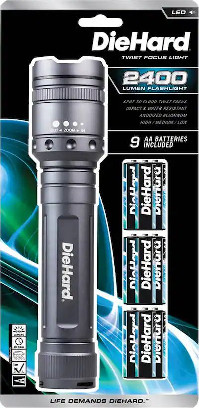 2400 lumens rechargeable 18650 led flashlight charger Kit 120v W-batteries Brazos Gear the E series waterproofness and impact resistance make these lights some of the brightest compact flashlights that are indispensable for your EDC. DieHard 2400 Lumen Flashlight Gray