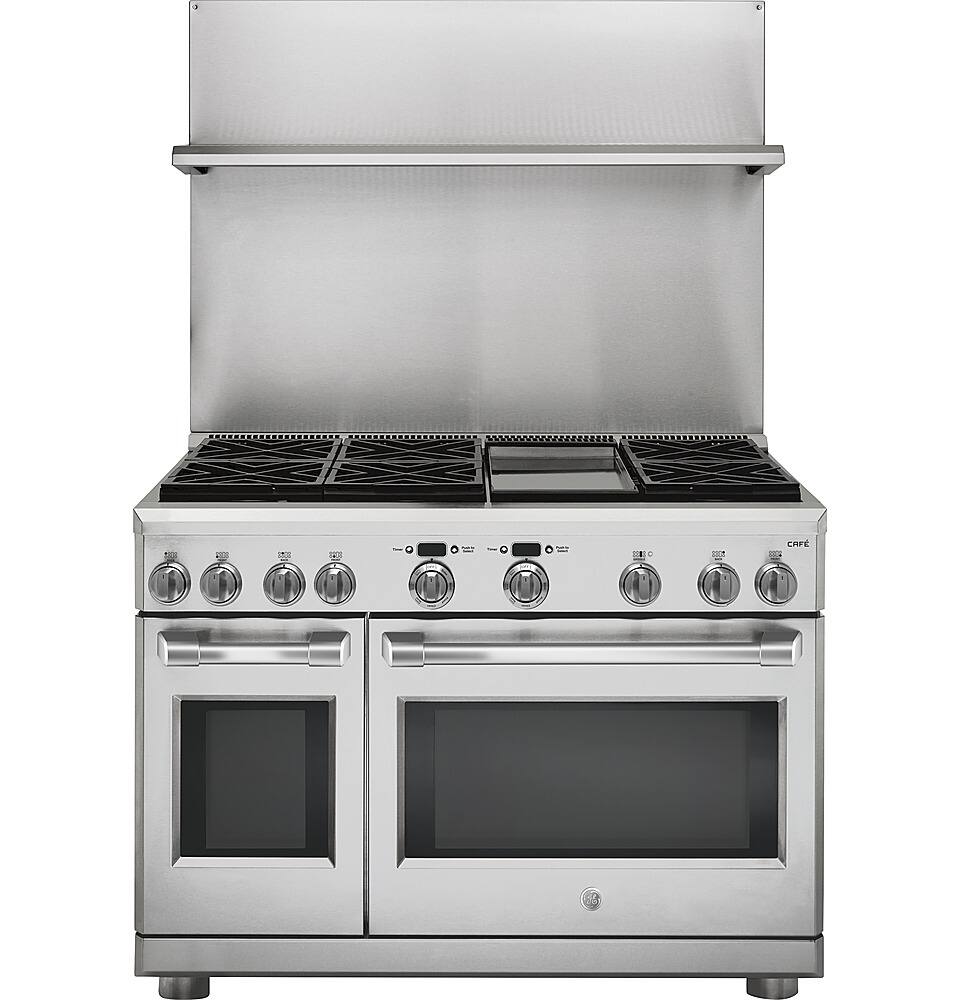 Front. GE - 48" Professional 30"-36" Adjustable Height Backsplash with Shelf - Stainless steel.