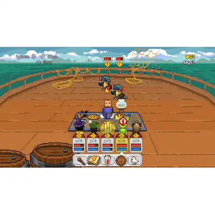 The image features a game with a group of people on a boat. The game is set on a wooden deck, and the people are standing on the deck. The game appears to be a strategy game, as there are several characters displayed on the screen. The game also features a menu with various options, such as "System Menu," "Y," "Shep," and "1 7 173 day." The characters in the game are likely to be part of the game's storyline or gameplay mechanics. - T (Teen 13+)